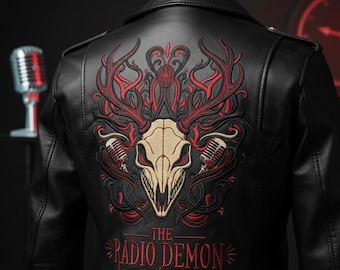 Chaqueta de cuero Alastor Hazbin Hotel - Chaqueta de motociclista Radio Demon - Cosplay con bordado rojo - Ropa de calle de anime de lujo hecha a mano - Chaqueta personalizada