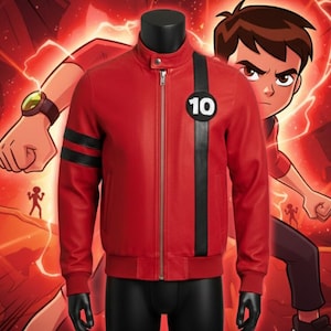 May include: Red jacket with black accents, including stripes on the sleeves and a vertical stripe down the front. Features a black and white patch with the number 10. The jacket has a zipper closure and a stand-up collar. The jacket is displayed on a mannequin.