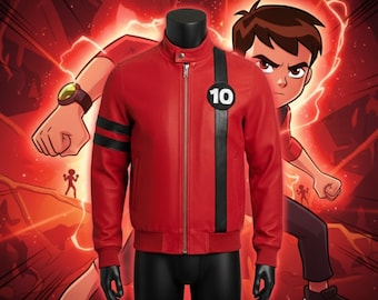 Chaqueta de cuero roja de Ben 10 de Albedo - Disfraz de cosplay de Alien Force - Bomber táctico de superhéroe para hombre - Regalo premium para gamers hecho a mano