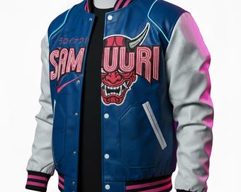 Chaqueta bomber samurái ciberpunk / Abrigo universitario con máscara de Oni de Edgerunners / Regalo de ropa urbana neón para rave / Chaqueta de cuero personalizada estilo Letterman