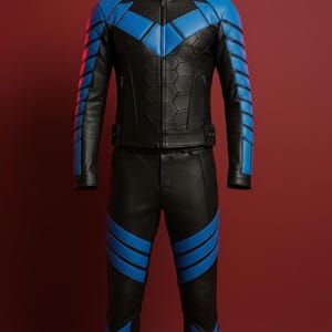 Pode incluir: Fantasia de couro preta e azul com o texto "KUROBLADE" no topo. O casaco tem detalhes em forma de diamante azul e listras azuis nas mangas. As calças têm listras azuis nas pernas. A fantasia é exibida em um manequim.