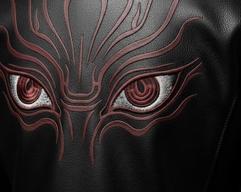 Chaqueta de cuero Ryomen Sukuna Jujutsu Kaisen - Disfraz de cosplay de anime - Bordado de la marca maldita en granate y negro - Regalo premium hecho a mano para fanáticos del manga