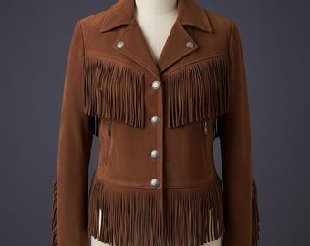 Chaqueta vintage marrón de ante con flecos / Abrigo de cuero estilo vaquero western, ropa boho hippie para festivales / Chaqueta motera con borlas / Regalo para él/ella