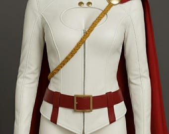 Power Girl Cosplay Jacket | White Leather Jacket with Red Belt Straps & Detachable Cape | Superhero Costume Women | Custom Made Outfit