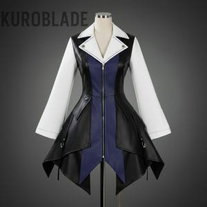 May include: A black, white, and navy blue cosplay jacket with a zipper closure. The jacket features a white collar and sleeves, with black faux leather panels and a navy blue center panel. The brand name "KUROBLADE" is visible in the upper left corner.