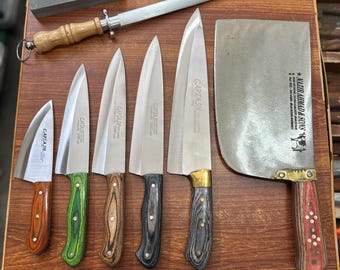 7 Piece J2 Steel Chef Knife Set with Cleaver and Sharpening Rod | High Carbon Butcher Knives with Colored Wood Handles | Kitchen Tools