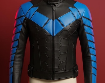 Chaqueta de cuero Nightwing para hombre / Disfraz de superhéroe negro y azul / Chaqueta de motociclista inspirada en DC / Chaqueta hecha a mano / Traje de Halloween