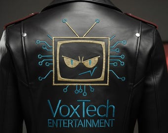 Chaqueta de cuero Vox Hazbin Hotel - Chaqueta de motociclista VoxTech premium - Cosplay con bordado azul eléctrico - Ropa de calle de lujo hecha a mano de Media Demon