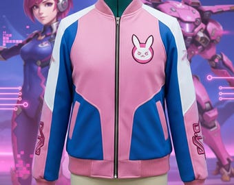 Chaqueta bomber de conejita inspirada en D.Va - Hana Song Overwatch Cosplay Varsity Coat rosa y azul Gamer Girl Streetwear - Premium bordado Gaming