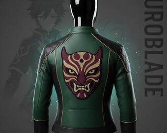 Chaqueta de cuero Xiao Genshin Impact con bordado de máscara Yaksha, ropa de calle de cosplay de anime verde esmeralda, regalo premium para videojuegos, equipo personalizado