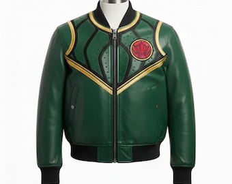Chaqueta bomber de Green Dragon Ranger / Ropa de cuero para cosplay de los Power Rangers / Artículos bordados personalizados para fanáticos / Homenaje a Tommy Oliver