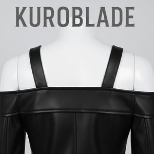 May include: Black off-the-shoulder top with shoulder straps. The top is made of a smooth, dark material and features the text "KUROBLADE" at the top. The garment is displayed on a white mannequin.
