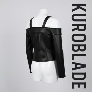 May include: Black off-the-shoulder top with long sleeves, displayed on a white mannequin. The top features a structured design with shoulder straps and the text "KUROBLADE" in a vertical font.