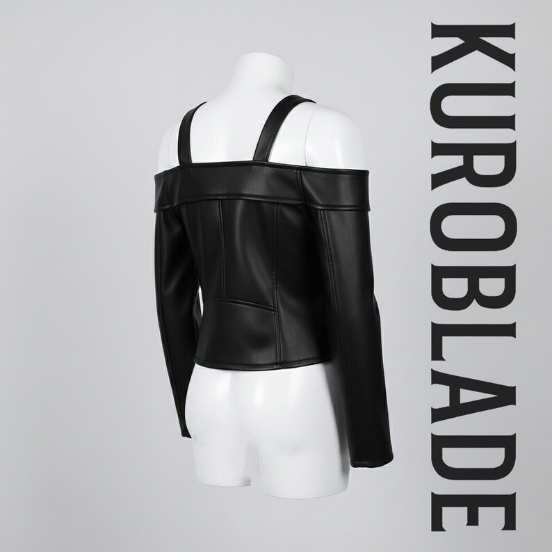 May include: Black off-the-shoulder top with long sleeves, displayed on a white mannequin. The top features a structured design with shoulder straps and the text "KUROBLADE" in a vertical font.