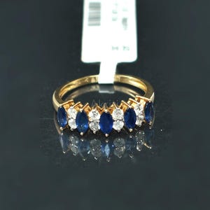 Radiant Marquise Blue Sapphire and Diamond Band Ring in 14K Yellow Gold – A Dazzling Fusion of Classic Charm and Modern Luxury