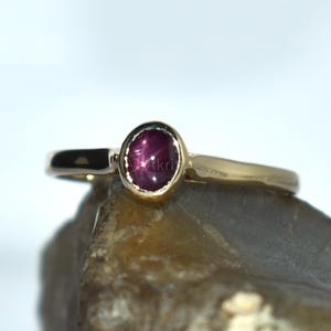 May include: A gold ring featuring a bezel-set, oval-cut, deep pink gemstone. The ring is presented on a rough, textured stone against a soft, white backdrop. The ring's band is slender and polished.