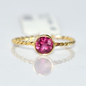 Handmade Pink Tourmaline Ring in Twisted 14K Gold Band – Dainty Solitaire October Birthstone Ring, Minimalist Gift for Her