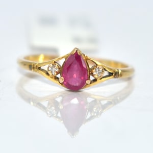 Three Stone Ruby and Diamond Ring | Pear Ruby Accent Ring | Natural Ruby Engagement Ring | July Birthstone Ring | Vintage Style Ruby Ring