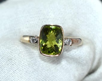 Vintage Peridot Ring in Gold | Cushion Cut Green Gemstone Ring | August Birthstone Jewelry | Dainty Promise Ring for Her