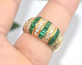 Anillo de oro amarillo con banda de esmeraldas y diamantes, anillo llamativo de esmeralda verde, anillo ancho de lujo, regalo de aniversario
