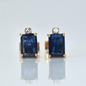 Blue Sapphire Baguette Stud Earrings with Round Diamond Accent in Gold | September Birthstone Jewelry | Elegant Gemstone Gift for Her