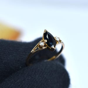 Marquise Blue Sapphire and Diamond Ring in Solid Gold, Vintage-Inspired Handmade Engagement Ring, Dainty September Birthstone Jewelry