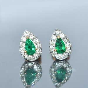 14k Gold Natural Diamond Earrings, Natural Green Emerald Stud Earrings, Solid Gold Earrings, Diamond Gemstone Stud Earrings, Gift for Her