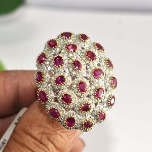 Solid 14K White Gold Ruby and Diamond Dome Cluster Ring, Statement Cocktail Ring, Bold Bridal Jewelry Gift for Her