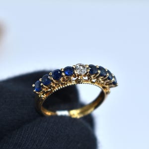 Gold Sapphire and Diamond Eternity Ring, Round Cut Blue Gemstone Band, Elegant Stackable Wedding Ring for Women, September Birthstone