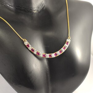 Collar con barra curva de rubíes naturales y diamantes, collar minimalista de cadena de oro de 14 quilates, joyería auténtica para bodas o fiestas.