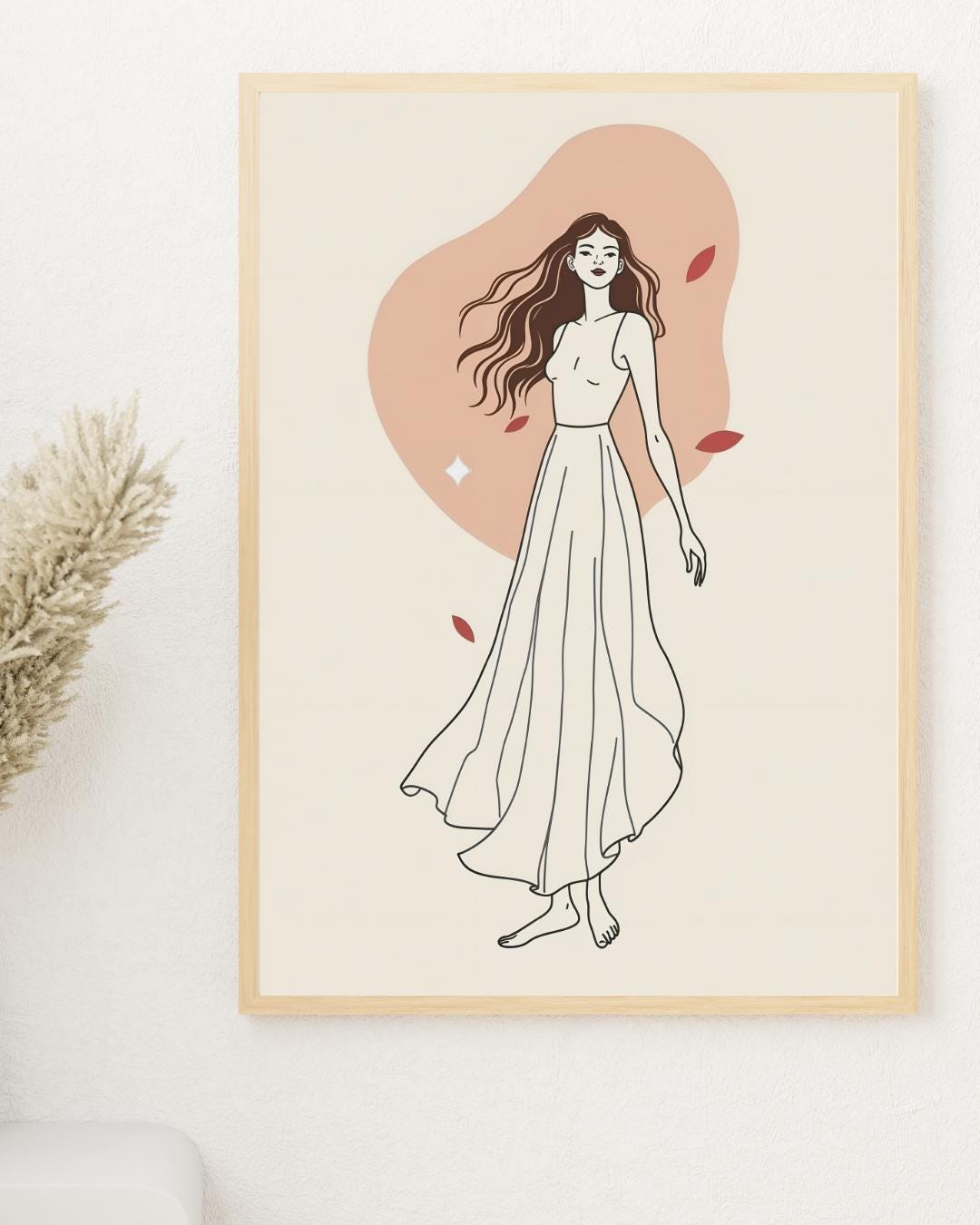 Boho Girl Line Drawing – Modern Minimalist Woman in Dress – Feminine ...