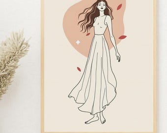 Impresión artística de línea de chica bohemia: Retrato de mujer minimalista (descarga digital)