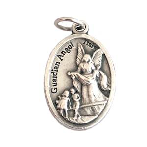 Guardian Angel Medal Silver Pendant Charm Catholic Gifts 1"