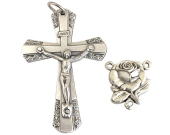 Rose Rosary Center Set Flared Edge Crucifix Pendant 1-5/8"