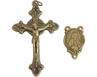 Sacred Heart Bronze Rosary Center Set Parts Crucifix Pendant 2-1/8"