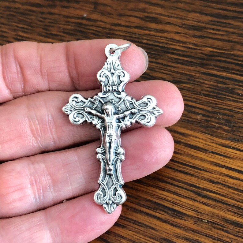 Fleur de Lis Crucifix Pendant Catholic Rosary Cross 1-15/16 image 2