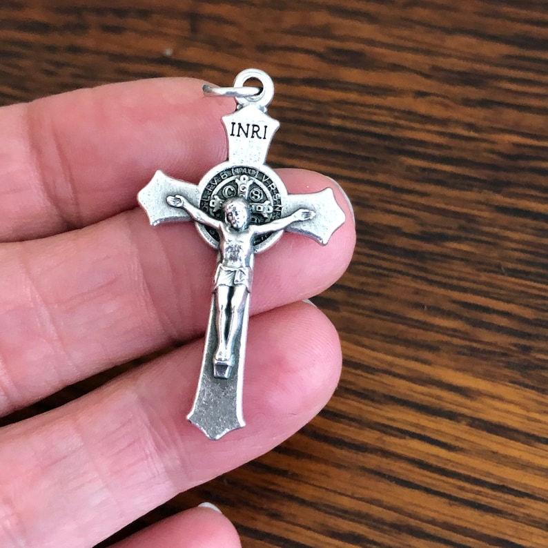 St Benedict Cross Catholic Crucifix Pendant Patron Saint Jewelry 1-1/2 image 2
