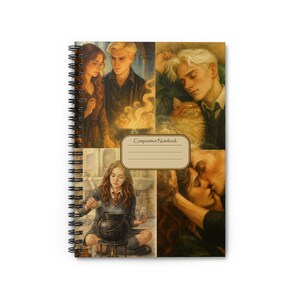 May include: Spiral-bound notebook featuring four watercolor illustrations. The images depict characters in various scenes, including a couple, a person with a cat, a person stirring a cauldron, and a couple kissing. The notebook has a cream-colored cover with the words "Composition Notebook".