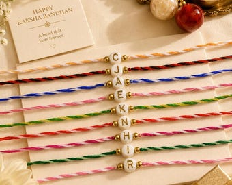 Personalized Initial Rakhi Bracelet: Braided Cotton Thread, Custom Alphabet Bead