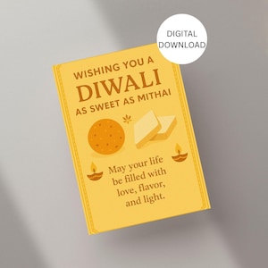 Diwali Card 5x7 – Sweet Mithai Box Theme, Printable or Printed Greeting, Deepavali Card with Laddoo, Kaju Katli & Diyas