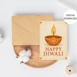 Happy Diwali Card | Minimalist Elegant Diwali Greeting Card | 5x7&quot; Watercolor Diya | Instant Download | Printable Diwali Card Digital