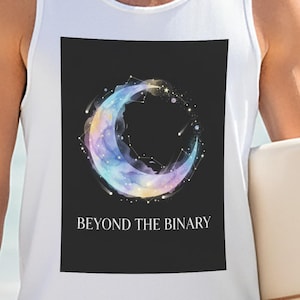 May include: White vest top with a black rectangle displaying a colourful crescent moon design and the text "BEYOND THE BINARY". The moon design has pastel colours and a starry effect.