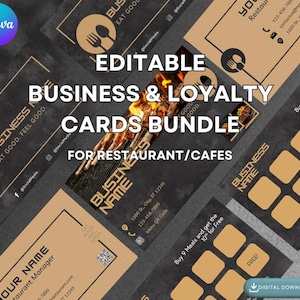 Visitenkarte und Kundenbindungskarte Canva Template Bundle | Dunkles minimalistisches Design | Restaurant, Café, Lebensmittelgeschäft | Druckbar und bearbeitbar