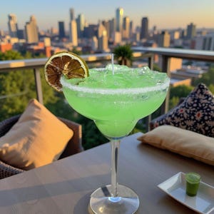 Peut inclure: Un cocktail margarita vert vif dans un grand verre, bordé de sel, garni d'une tranche de citron vert séchée. La boisson est posée sur une table avec une vue sur la ville en arrière-plan. Un petit verre à shot avec un liquide vert est sur une assiette blanche.