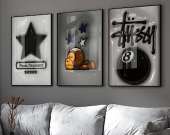 Hypebeast Kaws Poster Set of 3, 3d Wall Art, Sneaker Prints (Digital Download)