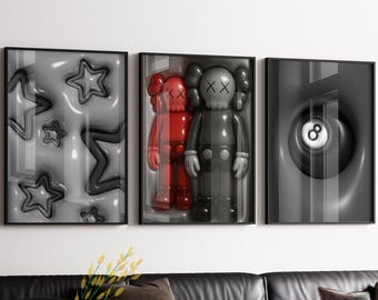 Set Of 3 HypeBeast Room Decor, Hypebast kaws Poster, Cool Wall Art Set, 3D Wall Art, HypeBeast Wall Art, Trendy Wall Art, digital download