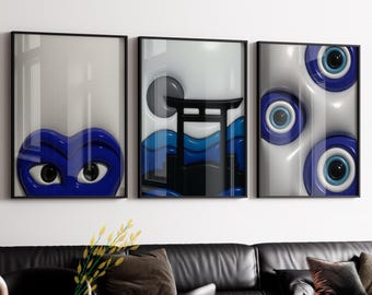 May include: Three framed art pieces with black frames. The art features blue and white abstract designs, including stylized eyes, a Japanese torii gate, and eye-shaped motifs. The artwork is displayed above a black leather sofa.