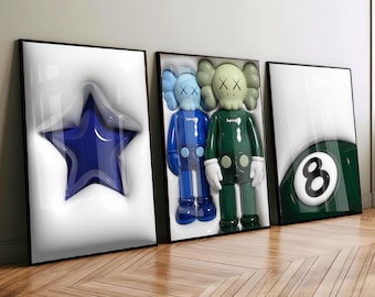 Set Of 3 HypeBeast Room Decor, Hypebast kaws Poster, Cool Wall Art Set, 3D Wall Art, HypeBeast Wall Art, Trendy Wall Art, digital download
