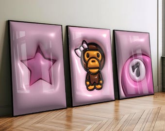 Set Of 3 HypeBeast Room Decor, Hypebast kaws Poster, Cool Wall Art Set, 3D Wall Art, HypeBeast Wall Art, Trendy Wall Art, digital download