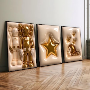 HypeBeast set van 3 kamerdecoraties, HypeBeast Kaws poster, coole muurdecoratieset, 3D muurdecoratie, HypeBeast muurdecoratie, trendy muurdecoratie.